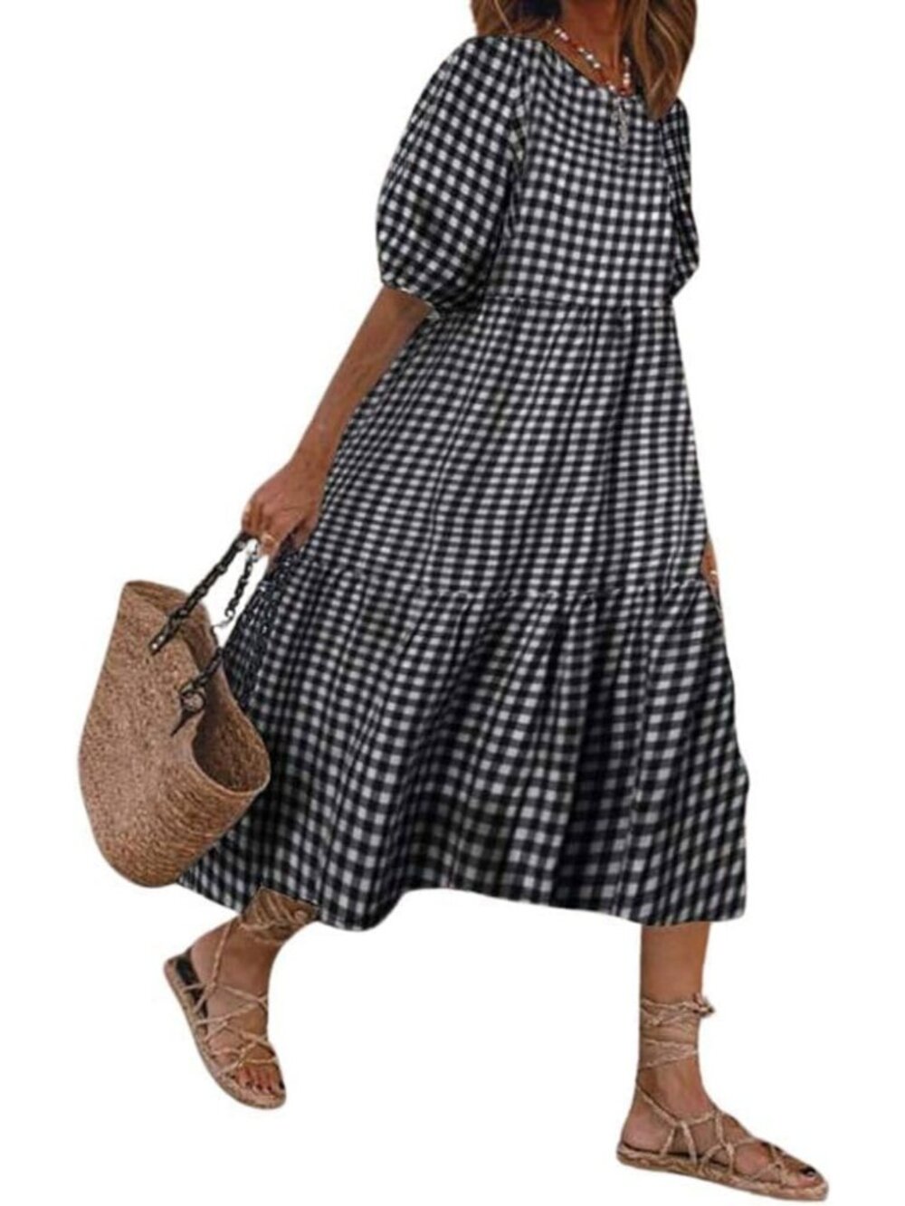 Retro Puff Sleeve Plaid Dress | Gingham Swing Midi Dress with Tiered Design